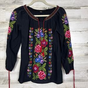 Durga womens small black boho embroidered blouse lightweight long sleeve crew